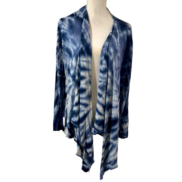 Chicos silk angora Blue and Cream Tie-Dye Flowy cardigan sweater Size large - Picture 2 of 5